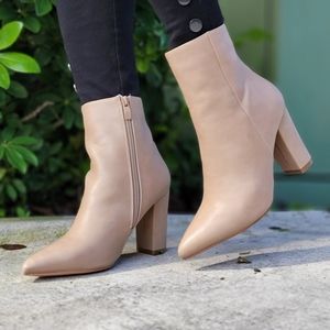 Women's Nude High Chunky Heeled Boots Zip Up Pointy Toe Ankle